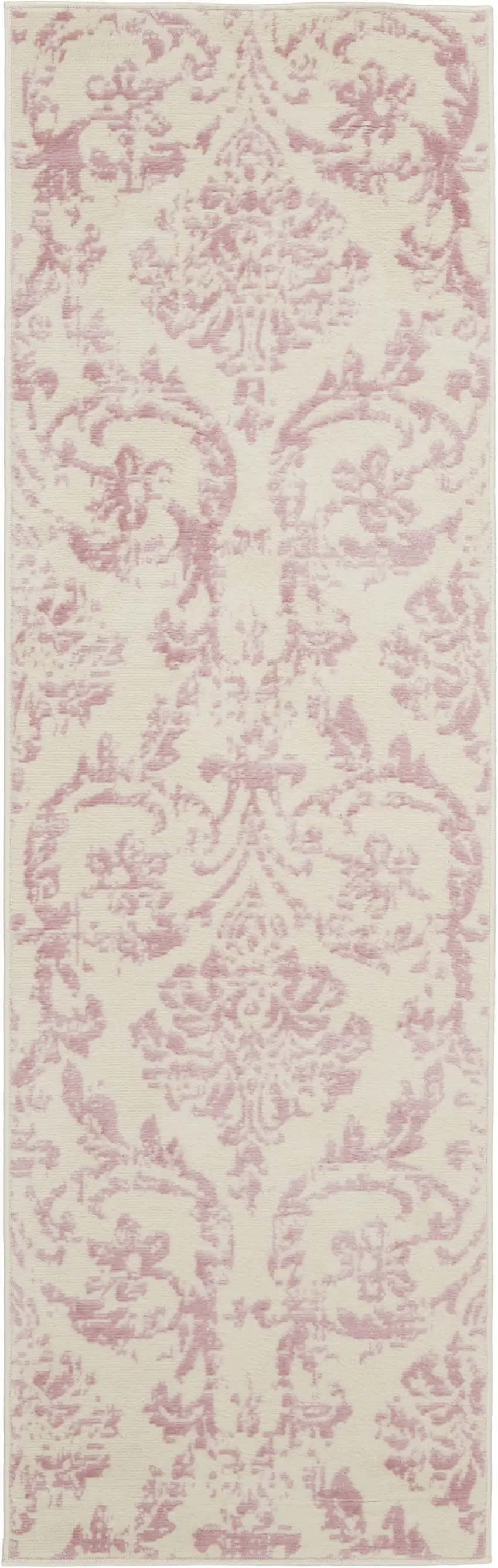 6' Pink And Ivory Damask Distressed Runner Rug Photo 7