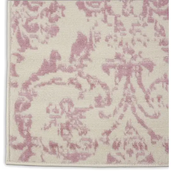 6' Pink And Ivory Damask Distressed Runner Rug Photo 9
