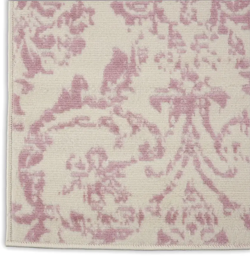 6' Pink And Ivory Damask Distressed Runner Rug Photo 9