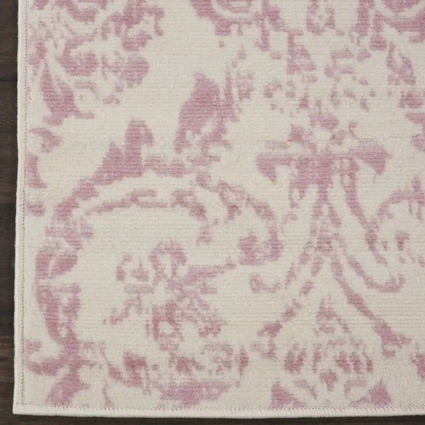 6' Pink And Ivory Damask Distressed Runner Rug Photo 9