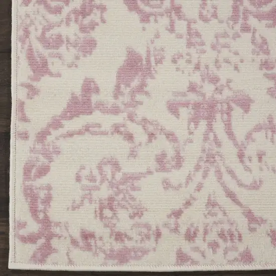 6' Pink And Ivory Damask Distressed Runner Rug Photo 9