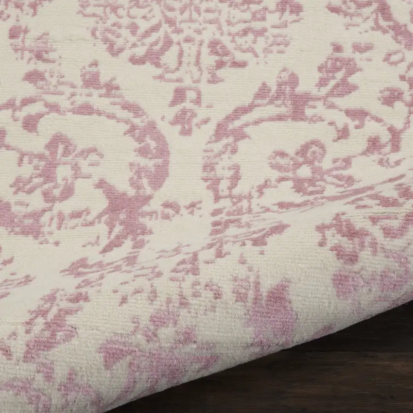 6' Pink And Ivory Damask Distressed Runner Rug Photo 8
