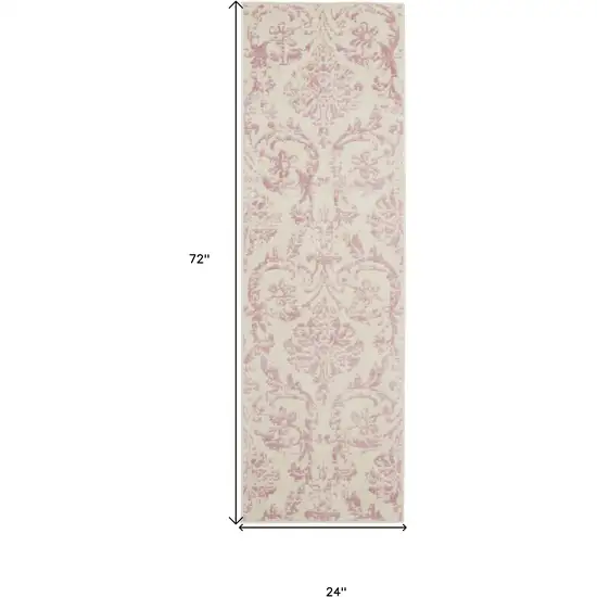 6' Pink And Ivory Damask Distressed Runner Rug Photo 3