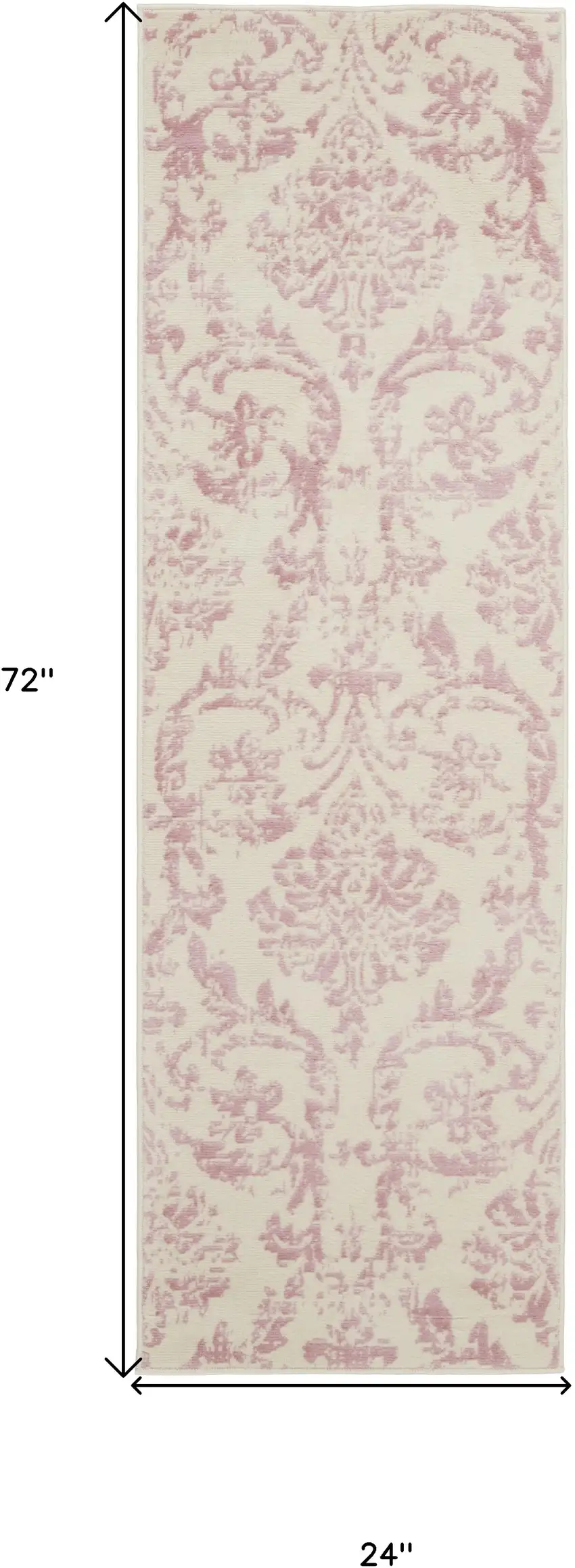 6' Pink And Ivory Damask Distressed Runner Rug Photo 3