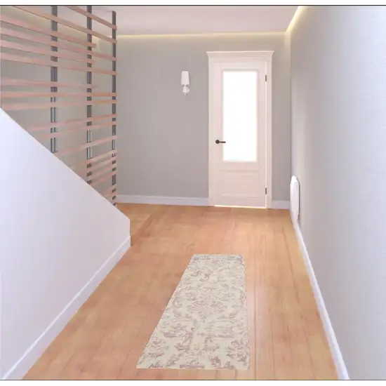 6' Pink And Ivory Damask Distressed Runner Rug Photo 1