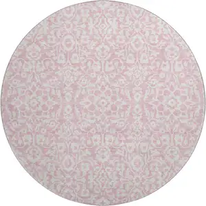 Photo of 8' Pink And Ivory Damask Washable Round Rug With UV Protection