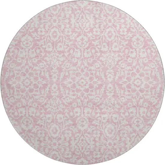 8' Pink And Ivory Damask Washable Round Rug With UV Protection Photo 1