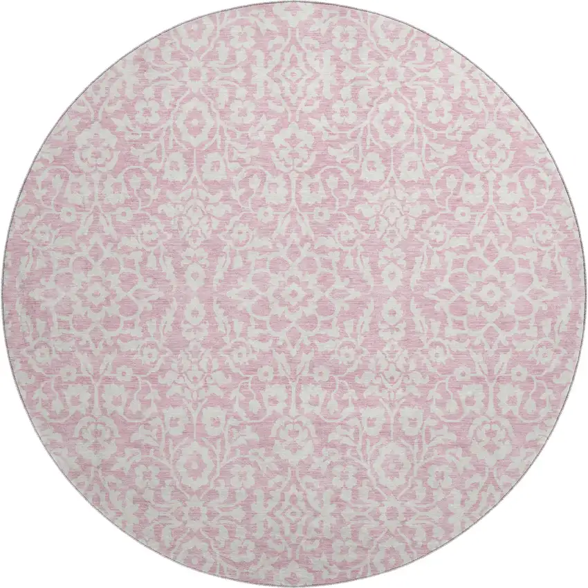 8' Pink And Ivory Damask Washable Round Rug With UV Protection Photo 1