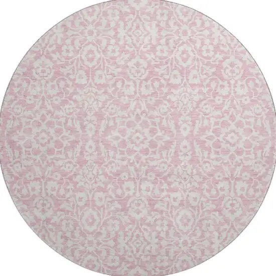 8' Pink And Ivory Damask Washable Round Rug With UV Protection Photo 4