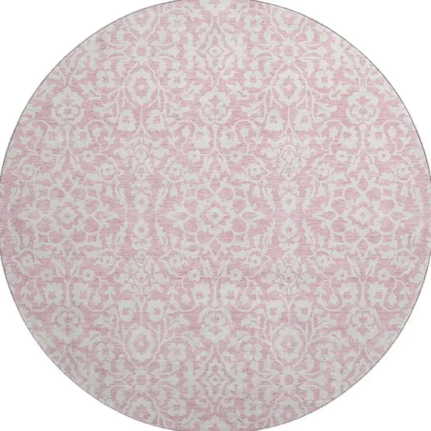 8' Pink And Ivory Damask Washable Round Rug With UV Protection Photo 4