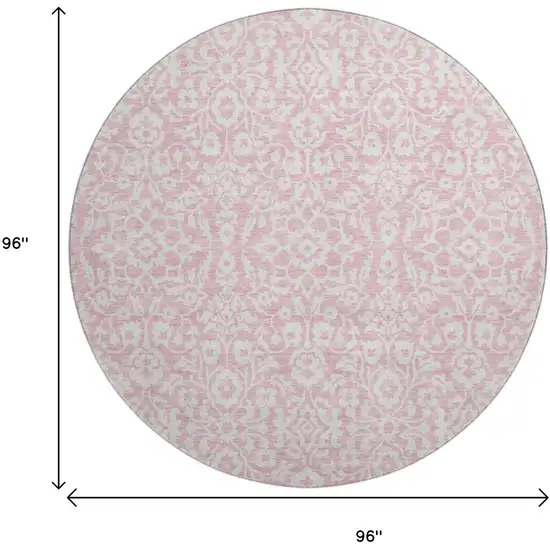 8' Pink And Ivory Damask Washable Round Rug With UV Protection Photo 3