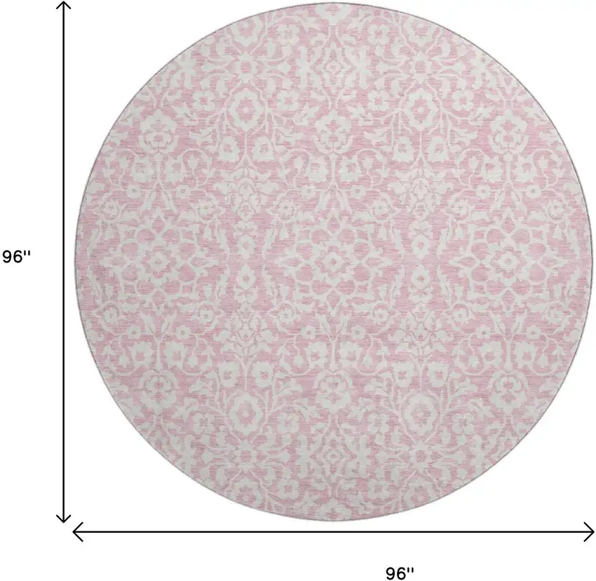 8' Pink And Ivory Damask Washable Round Rug With UV Protection Photo 3