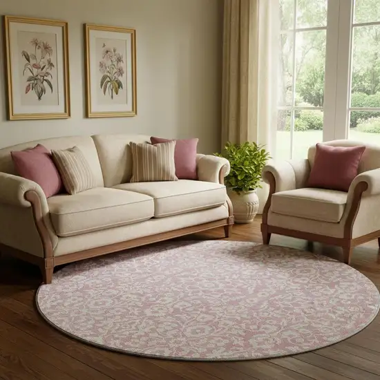 8' Pink And Ivory Damask Washable Round Rug With UV Protection Photo 1