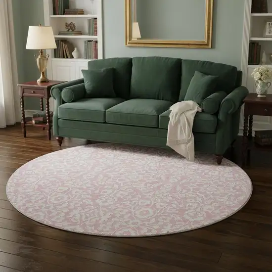 8' Pink And Ivory Damask Washable Round Rug With UV Protection Photo 2