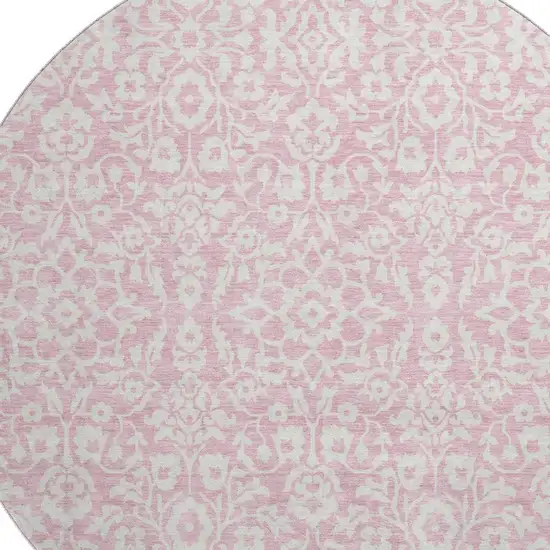 8' Pink And Ivory Damask Washable Round Rug With UV Protection Photo 3