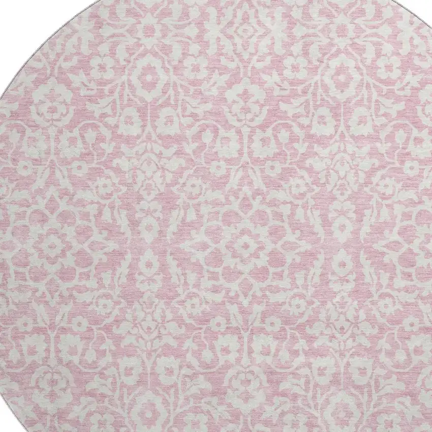 8' Pink And Ivory Damask Washable Round Rug With UV Protection Photo 3