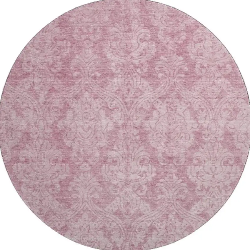8' Pink And Ivory Damask Washable Round Rug With UV Protection Photo 3