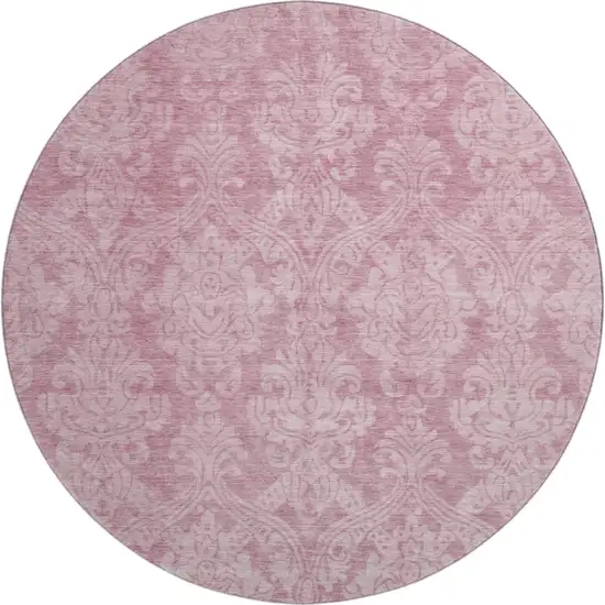 8' Pink And Ivory Damask Washable Round Rug With UV Protection Photo 1
