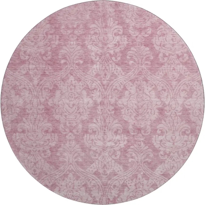 8' Pink And Ivory Damask Washable Round Rug With UV Protection Photo 1