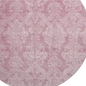 Photo of 8' Pink And Ivory Damask Washable Round Rug With UV Protection