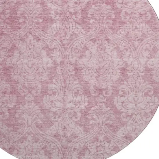 8' Pink And Ivory Damask Washable Round Rug With UV Protection Photo 2
