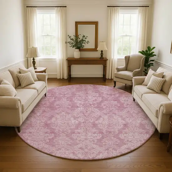 8' Pink And Ivory Damask Washable Round Rug With UV Protection Photo 4