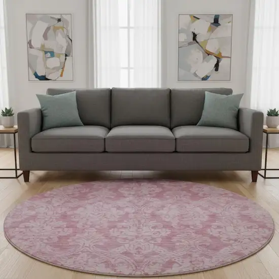 8' Pink And Ivory Damask Washable Round Rug With UV Protection Photo 2