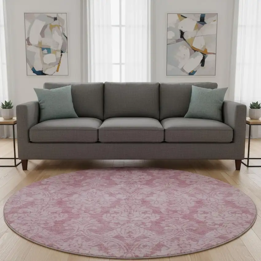 8' Pink And Ivory Damask Washable Round Rug With UV Protection Photo 2
