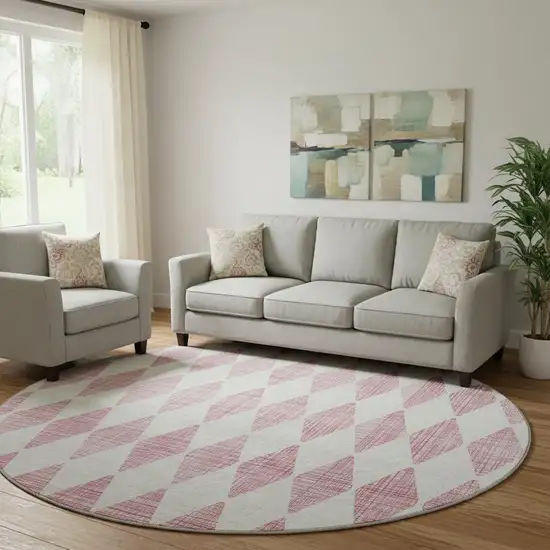 8' Pink And Ivory Diamond Washable Round Rug With UV Protection Photo 1