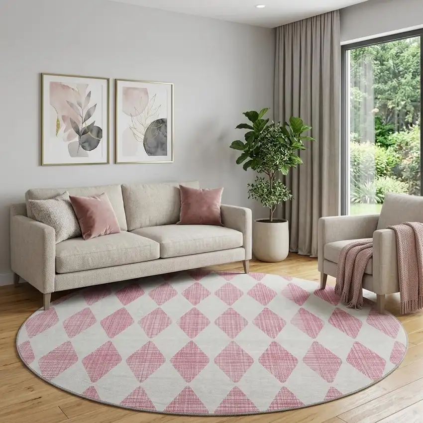 8' Pink And Ivory Diamond Washable Round Rug With UV Protection Photo 1