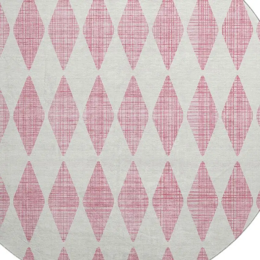 8' Pink And Ivory Diamond Washable Round Rug With UV Protection Photo 3