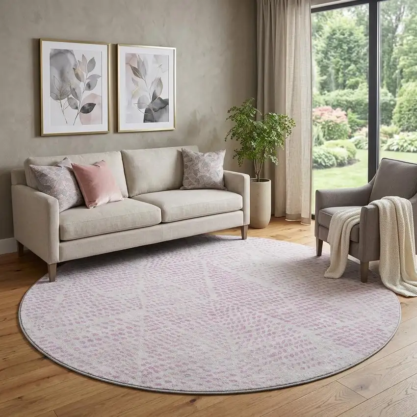 8' Pink And Ivory Diamond Washable Round Rug With UV Protection Photo 1