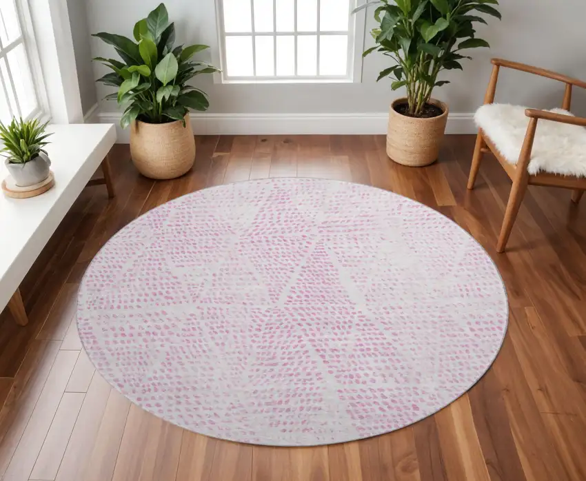 8' Pink And Ivory Diamond Washable Round Rug With UV Protection Photo 2