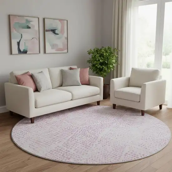 8' Pink And Ivory Diamond Washable Round Rug With UV Protection Photo 1
