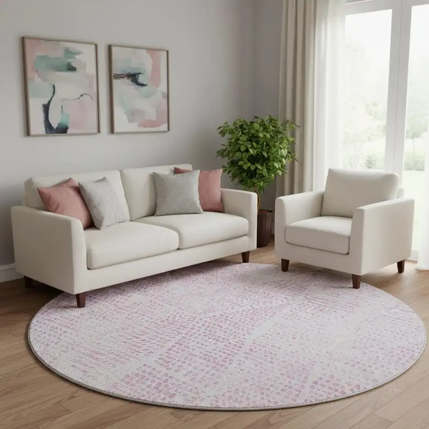 8' Pink And Ivory Diamond Washable Round Rug With UV Protection Photo 1