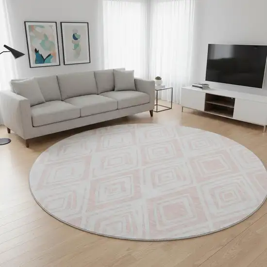 8' Pink And Ivory Diamond Washable Round Rug With UV Protection Photo 2