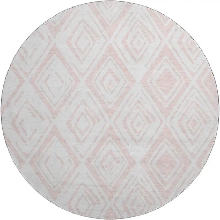 8' Pink And Ivory Diamond Washable Round Rug With UV Protection Photo 1
