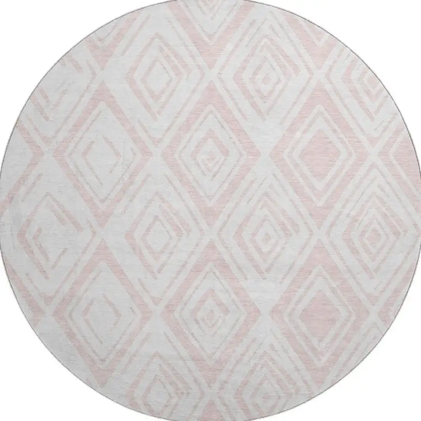 8' Pink And Ivory Diamond Washable Round Rug With UV Protection Photo 4
