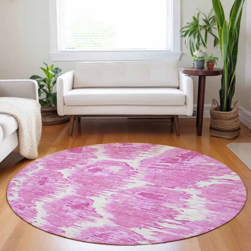 8' Pink And Ivory Diamond Washable Round Rug With UV Protection Photo 5