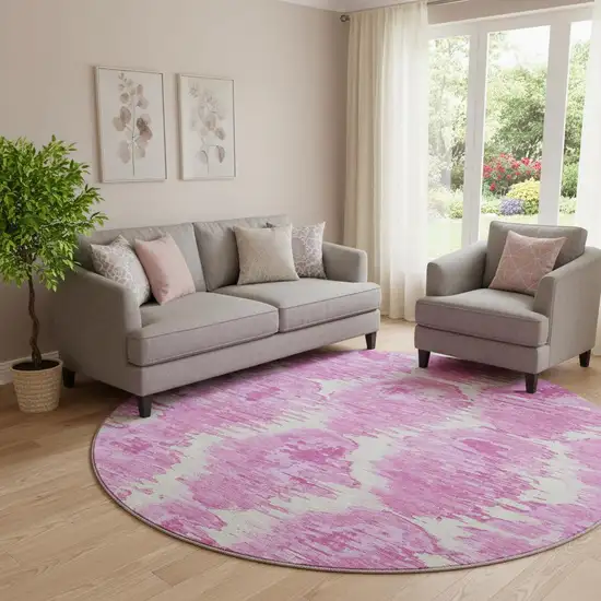 8' Pink And Ivory Diamond Washable Round Rug With UV Protection Photo 1