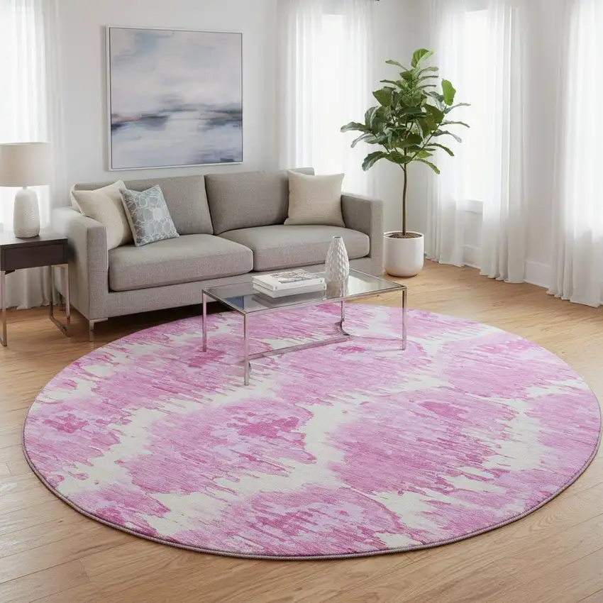 8' Pink And Ivory Diamond Washable Round Rug With UV Protection Photo 2