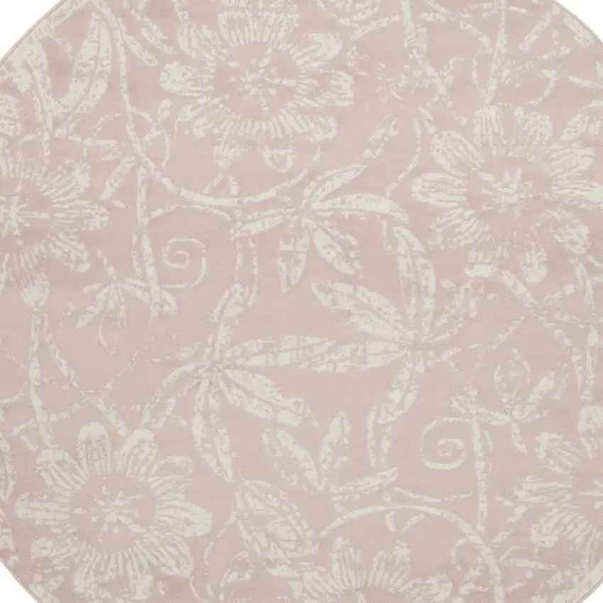 5' Pink And Ivory Floral Distressed Round Rug Photo 7