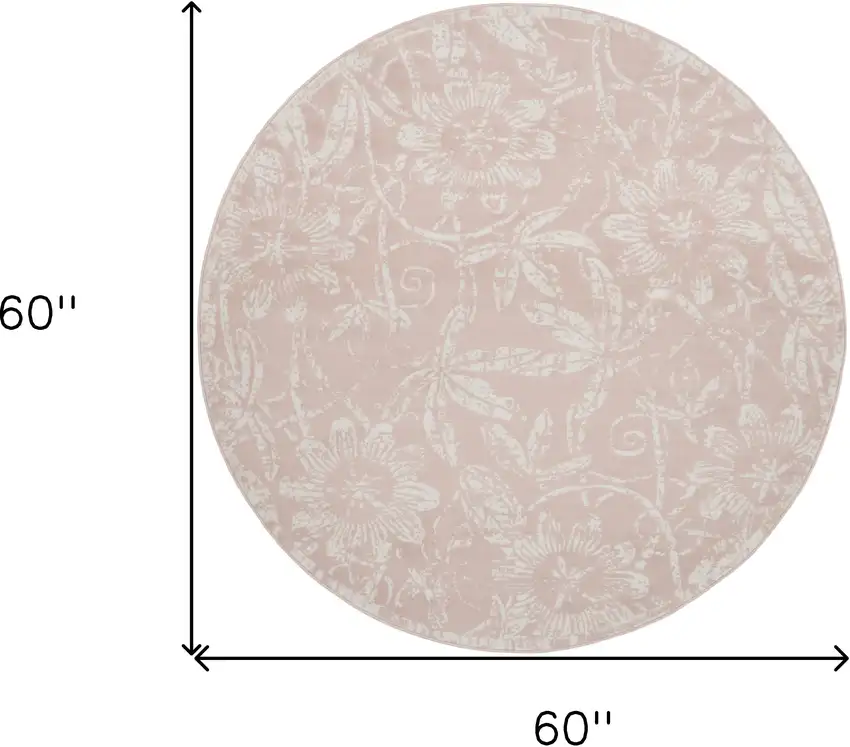 5' Pink And Ivory Floral Distressed Round Rug Photo 3