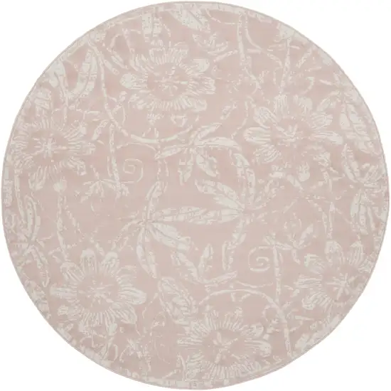 5' Pink And Ivory Floral Distressed Round Rug Photo 2