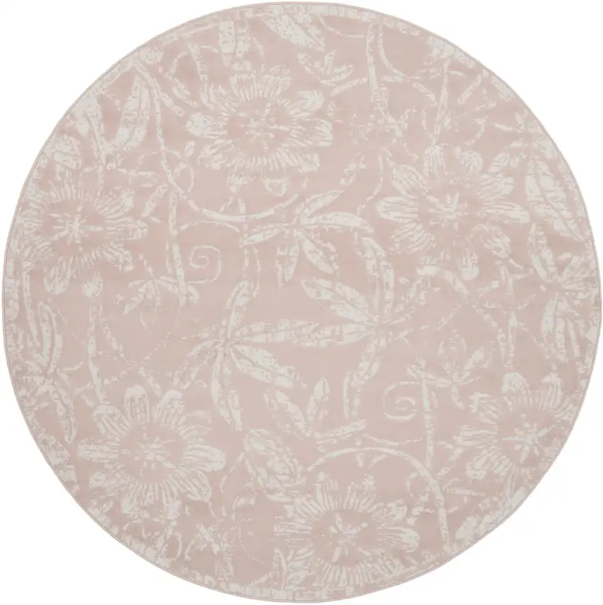 5' Pink And Ivory Floral Distressed Round Rug Photo 2
