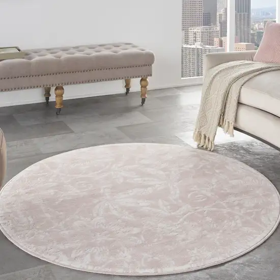 5' Pink And Ivory Floral Distressed Round Rug Photo 5