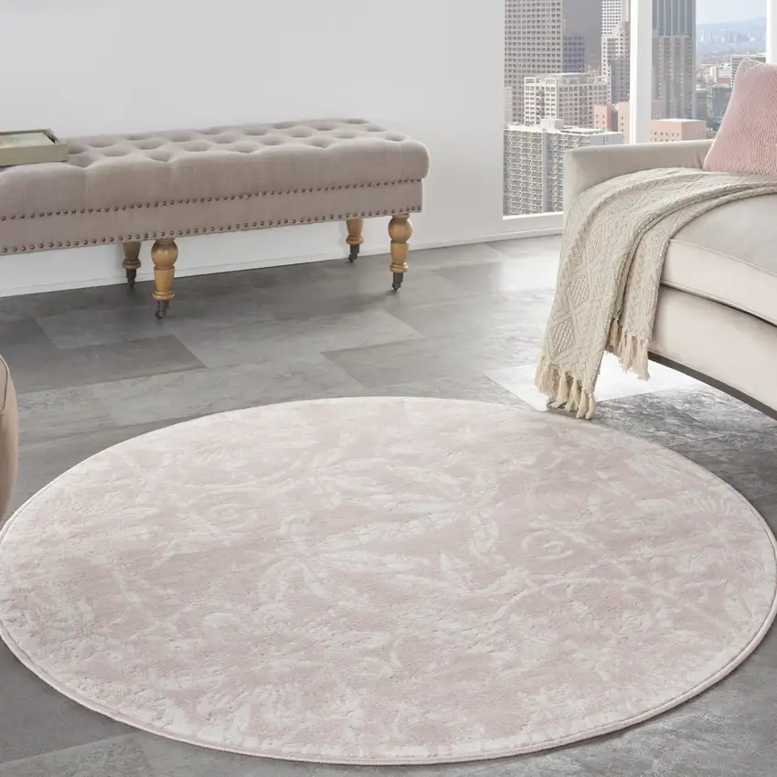 5' Pink And Ivory Floral Distressed Round Rug Photo 5