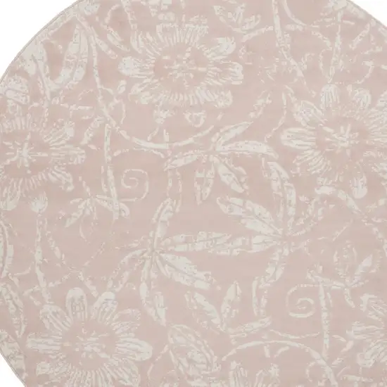 5' Pink And Ivory Floral Distressed Round Rug Photo 4