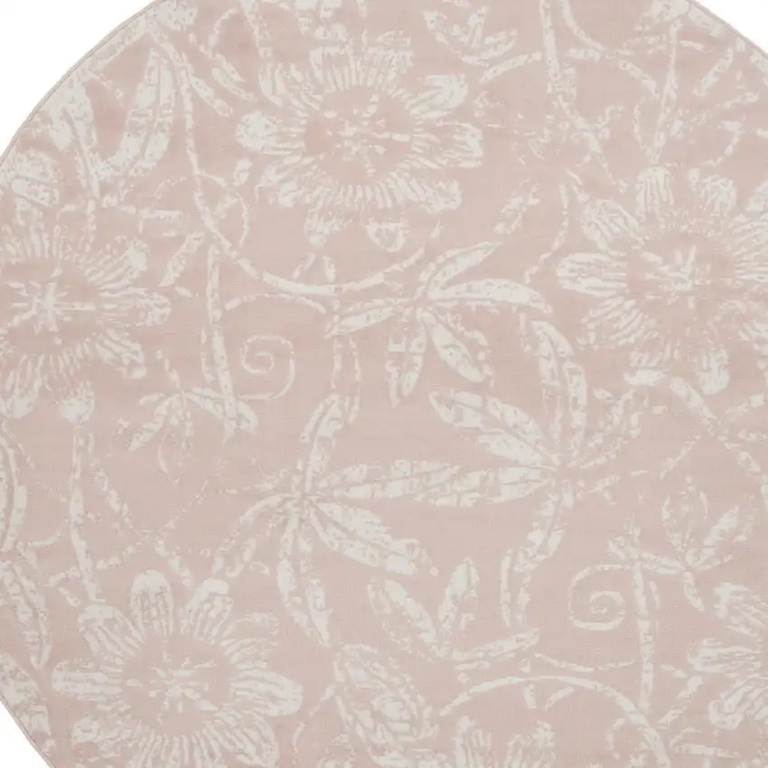 5' Pink And Ivory Floral Distressed Round Rug Photo 4