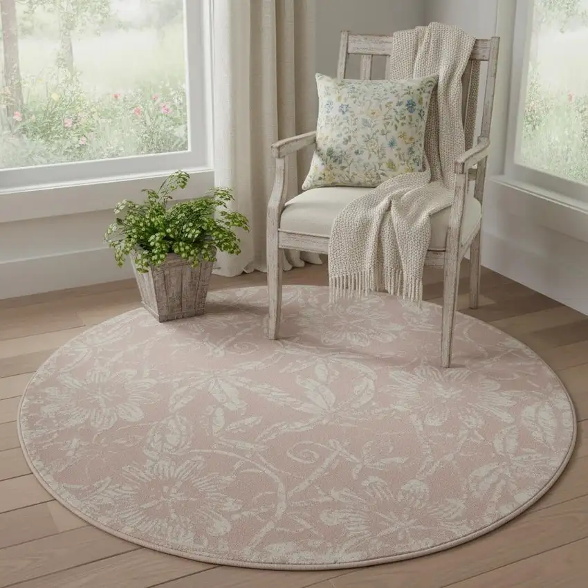 5' Pink And Ivory Floral Distressed Round Rug Photo 1